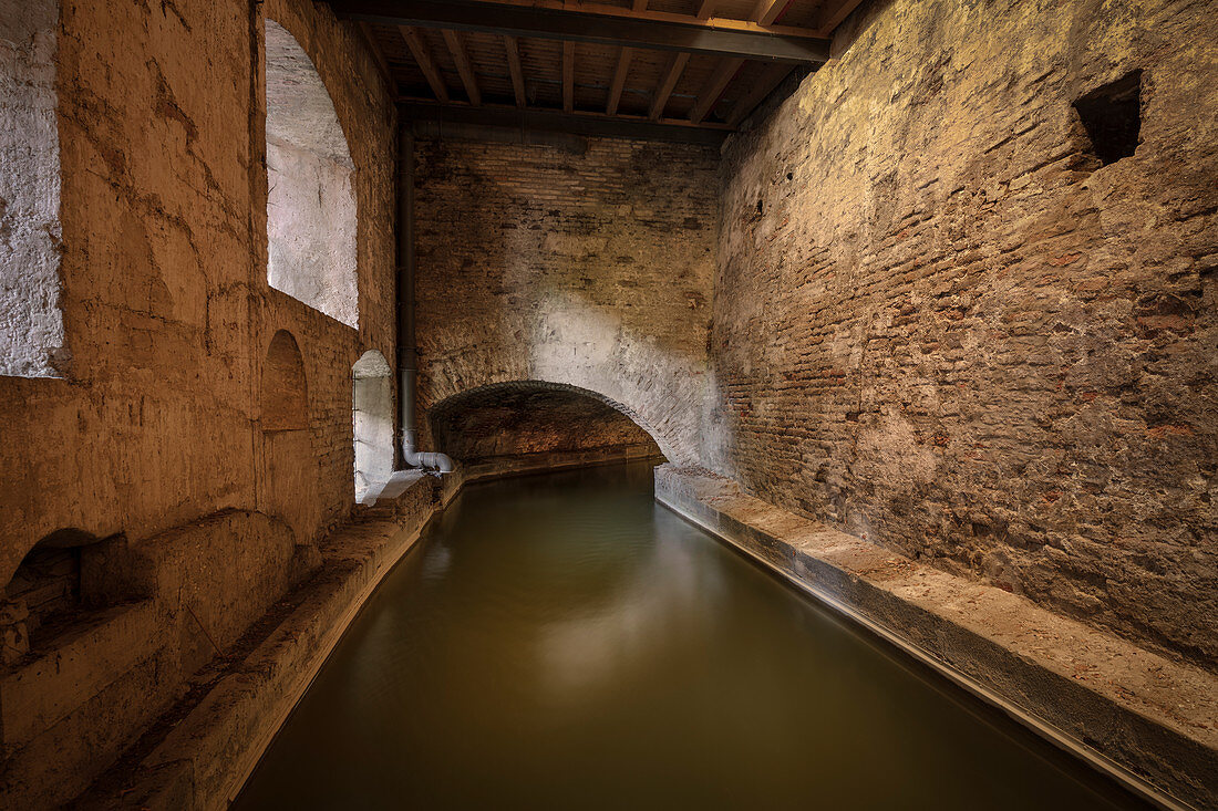 Lech Canal at the water tower at the Red Gate, UNESCO World Heritage Historic Water, Augsburg, Bavaria, Germany