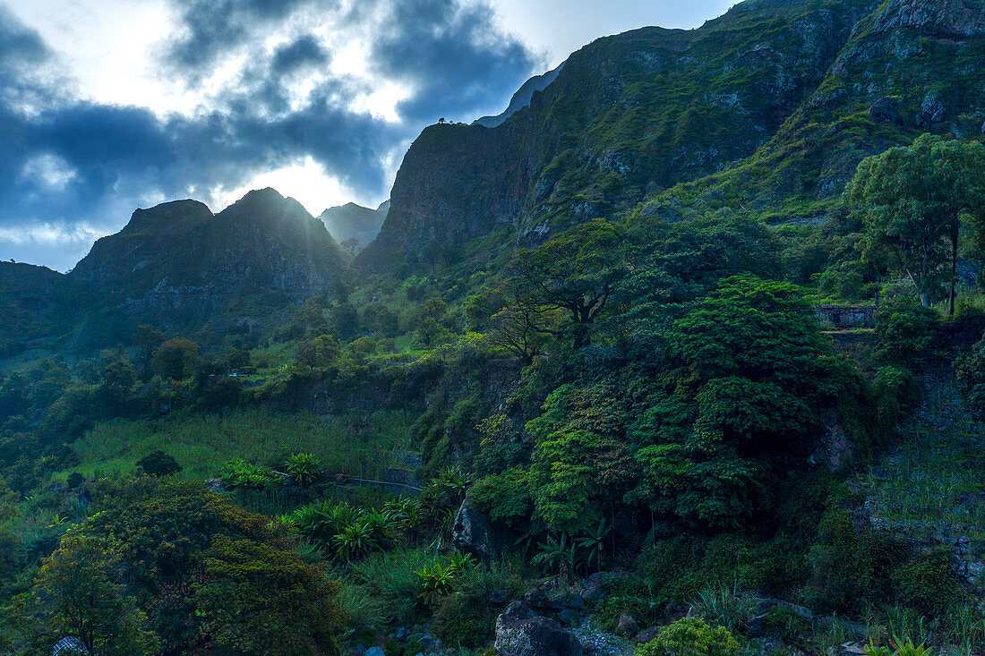 Kap Verde, bergiges Hinterland der Insel Santo Antao mit Terrassenfeldern und exotischen Pflanzen