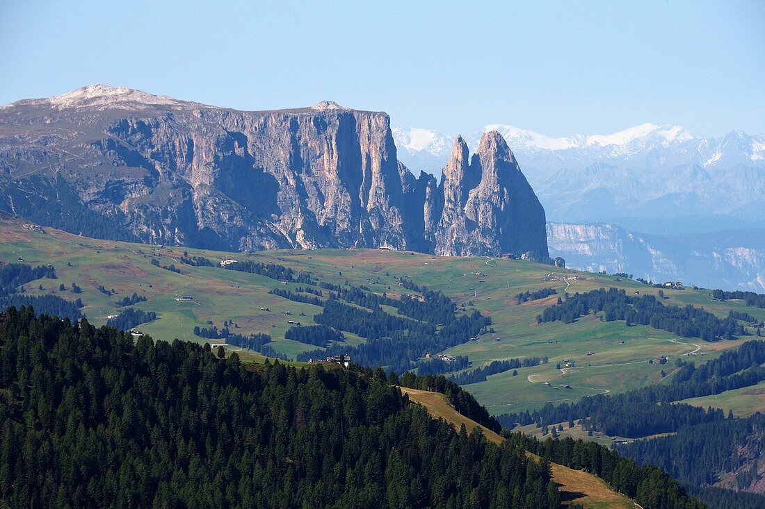 Blick zur Seiser Alm mit Schlern bis zur Brenta, Dolomiten, Südtirol, Italien