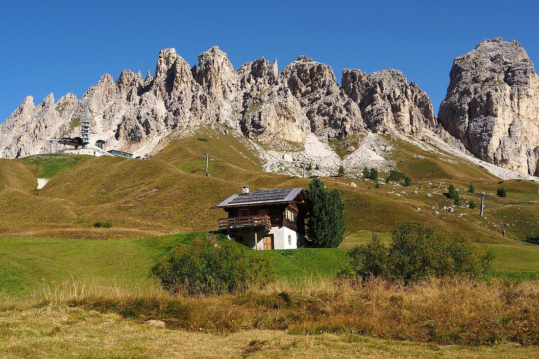 Hut at the Gardena Pass, Dolomites, South Tyrol, Italy