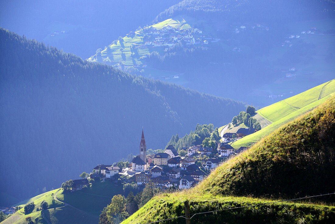 View from Furkelsattel via St.Vigil in Enneberg on Val Badia, Dolomites, South Tyrol, Italy