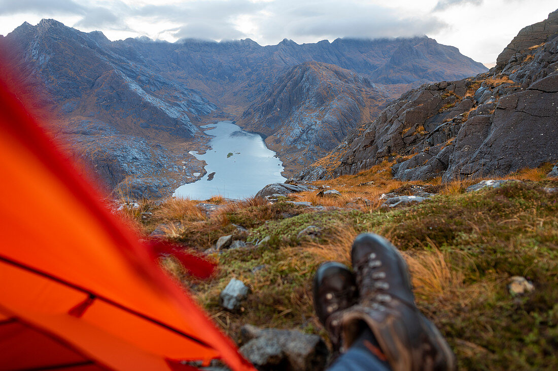 Wild camping on the top of Sgurr Na Stri looking towards Loch Coruisk and the main Cuillin ridge, Isle of Skye, Inner Hebrides, Scotland, United Kingdom, Europe