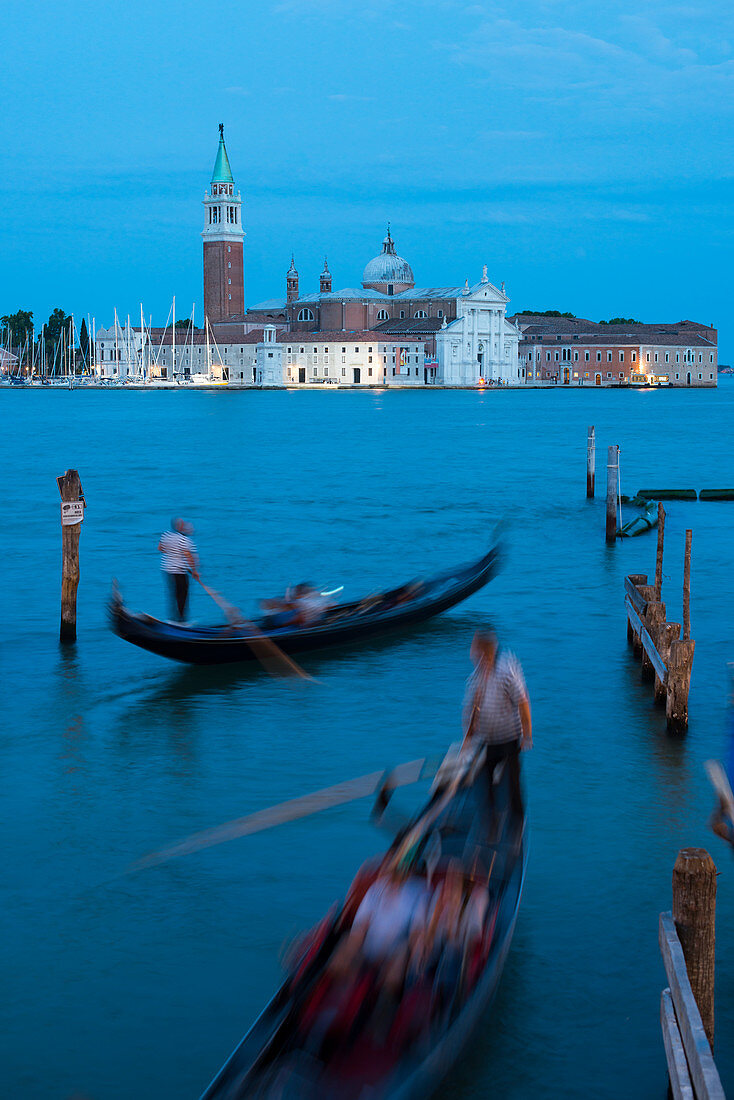 Gondolas near San Marco at twilight with San Giorgio in the distance, Venice, UNESCO World Heritage Site, Veneto, Italy, Europe