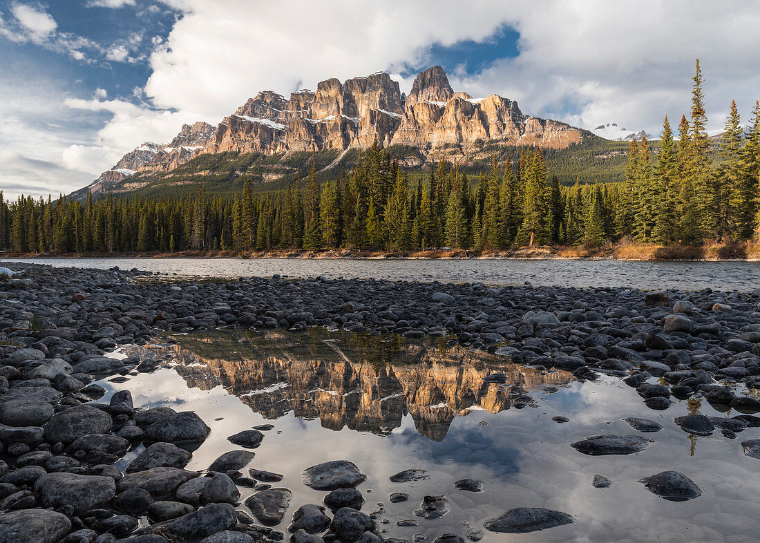 Castle Mountain and Bow River sunset and reflection, Banff National Park, UNESCO World Heritage Site, Alberta, Canadian Rockies, Canada, North America