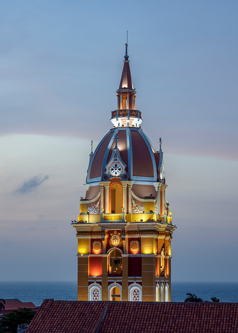 Metropolitan Cathedral Basilica of Saint Catherine of Alexandria, tower at dusk, Cartagena, Bolivar Department, Colombia, South America