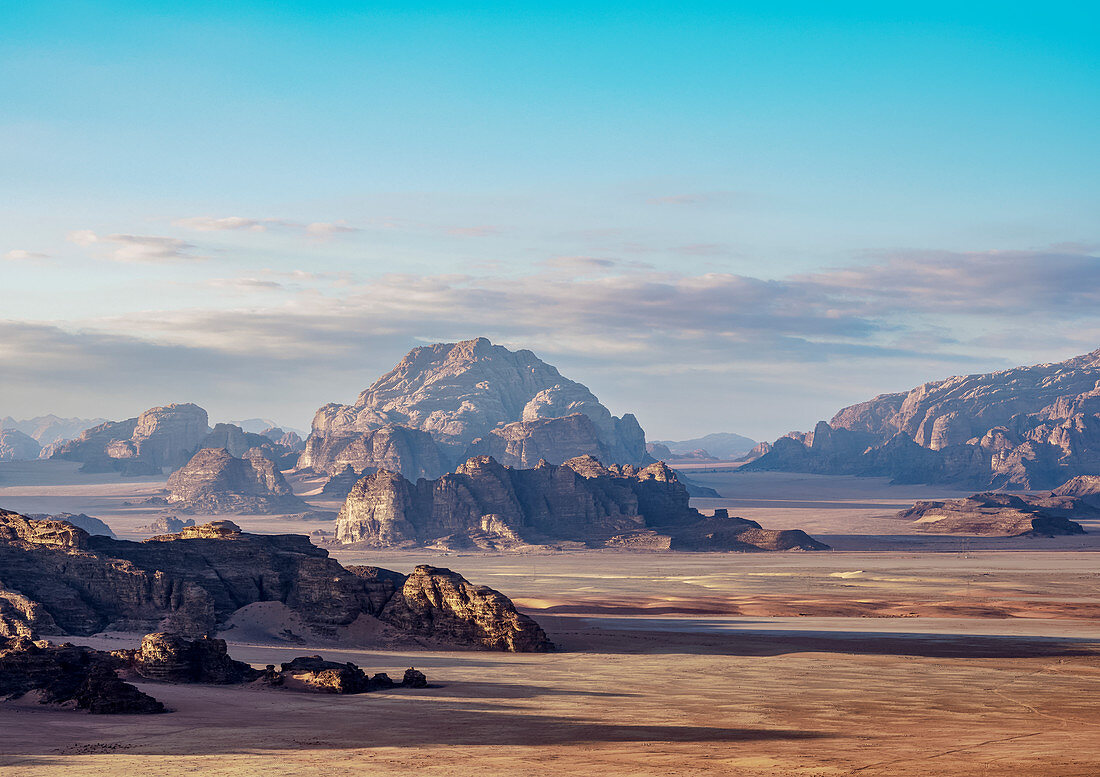 Landscape of Wadi Rum, aerial view from a balloon, Aqaba Governorate, Jordan, Middle East