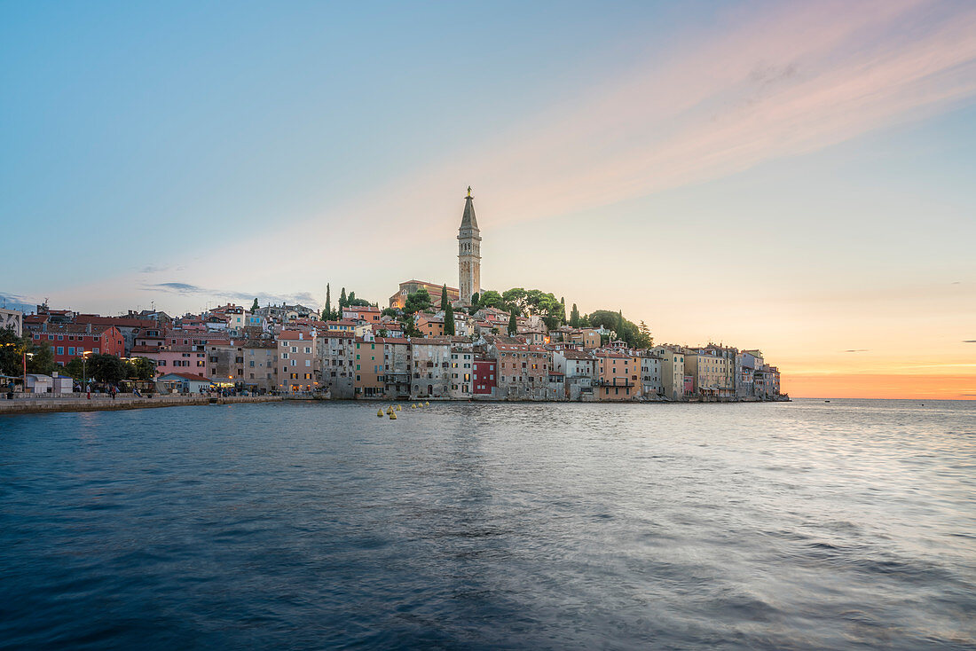 The old town at sunset, in summer, Rovinj, Istria county, Croatia, Europe