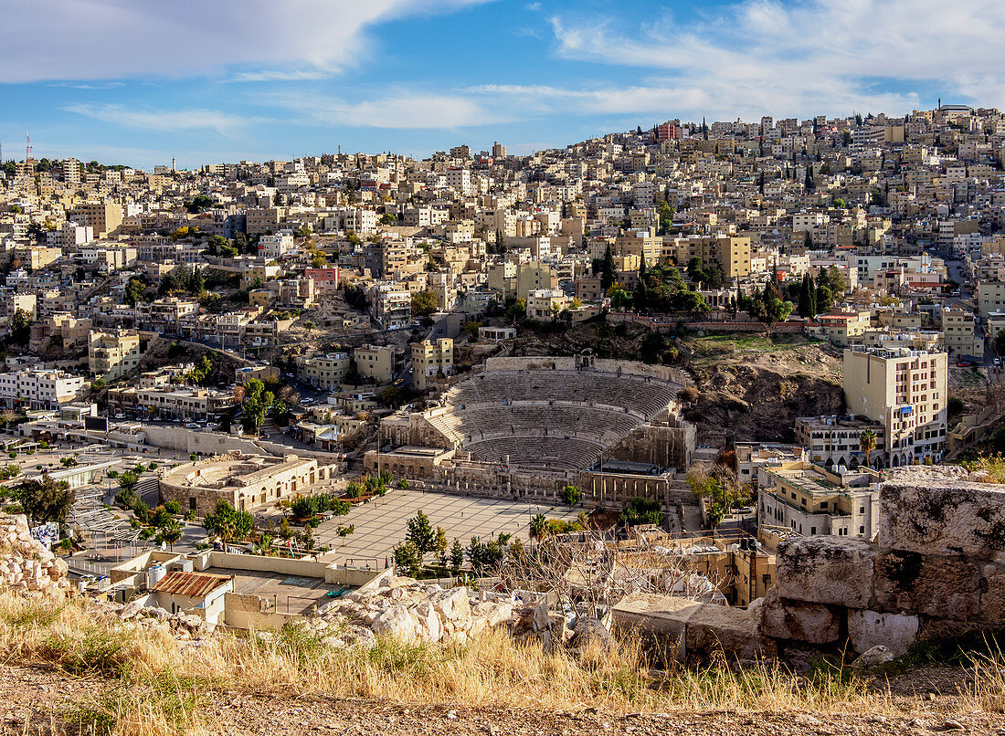 Roman Theatre and The Hashemite Plaza, elevated view, Amman, Amman Governorate, Jordan, Middle East