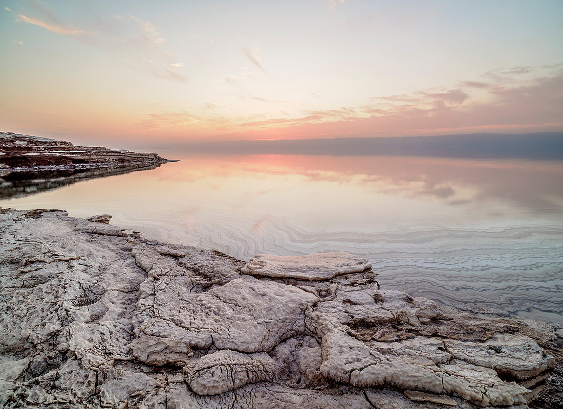 Salt formations on the shore of the Dead Sea at dusk, Karak Governorate, Jordan, Middle East