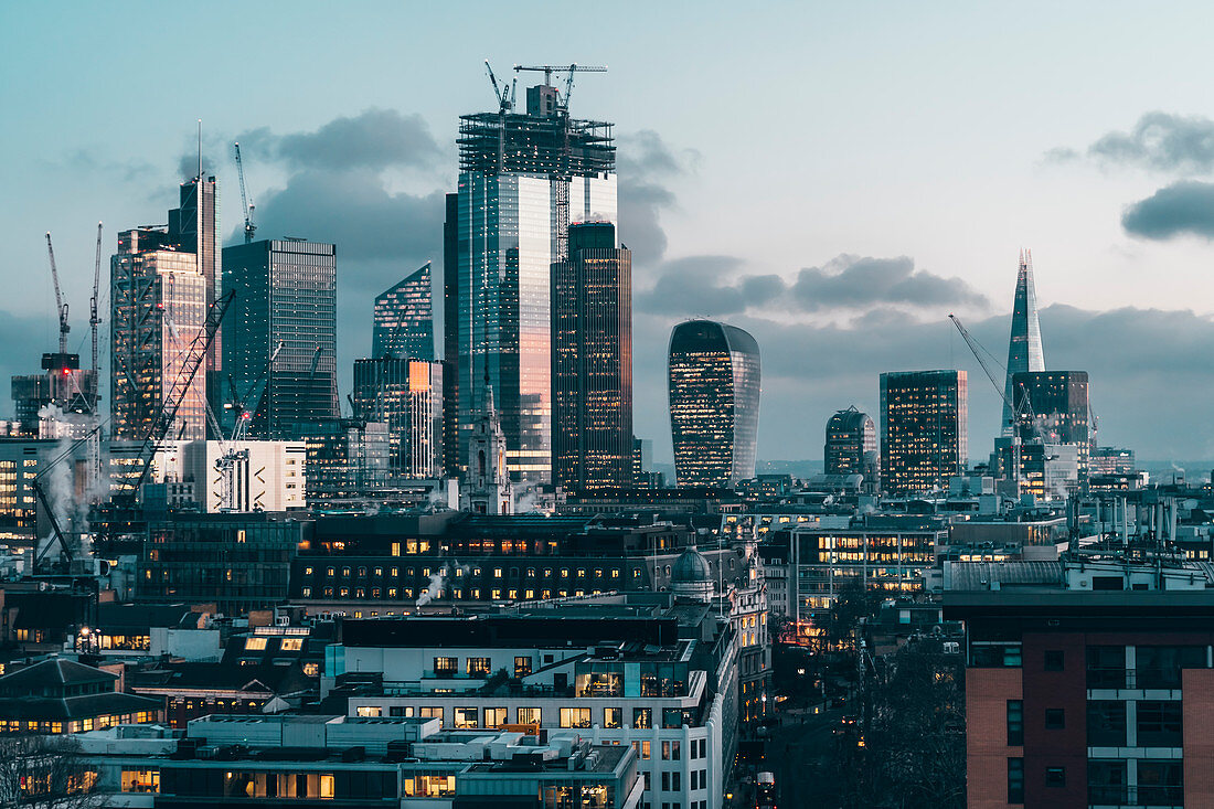 City of London financial district skyline at night, London, England, United Kingdom, Europe