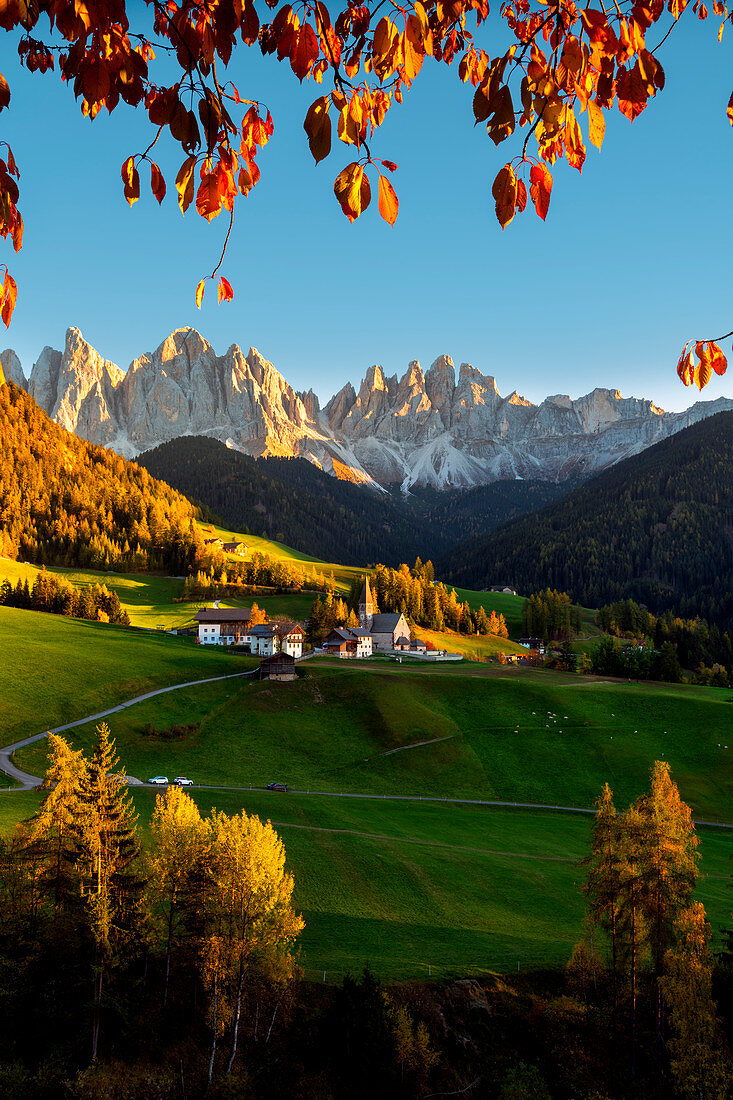 Funes-Tal in der Herbstsaison, Santa Magdalena, Provinz Bozen, Trentino-Südtirol, Italien, Europa