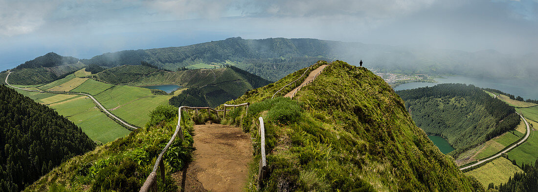 High angle view of path on remote hilltop, overlook Crater Lakes, Sao Miguel, Portugal