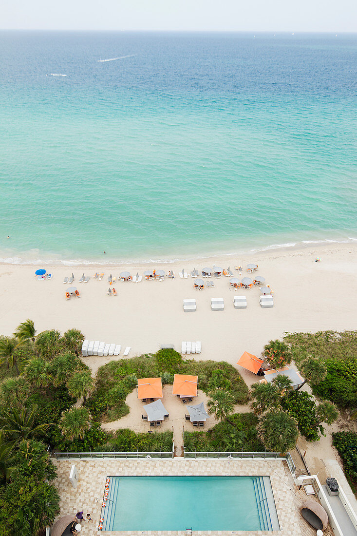 High angle view of hotel pool and beach, Miami, Florida, USA