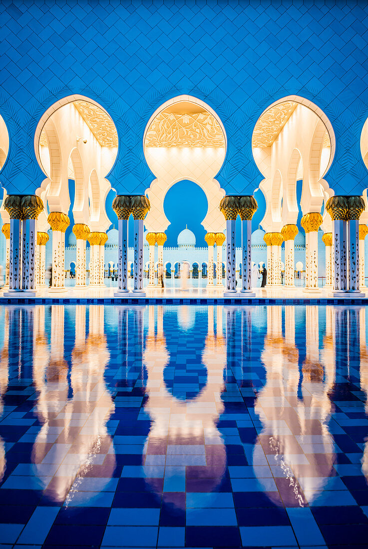 Ornate tiled arches of Grand Mosque, Abu Dhabi, United Arab Emirates