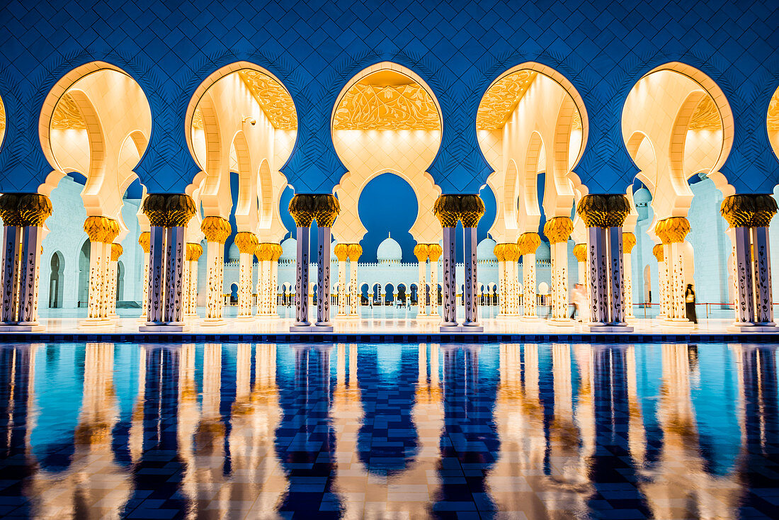 Ornate tiled arches of Grand Mosque, Abu Dhabi, United Arab Emirates