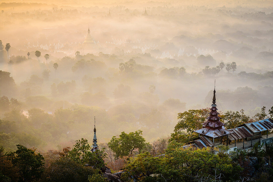 Nebel über Baumkronen, Mandalay, Myanmar