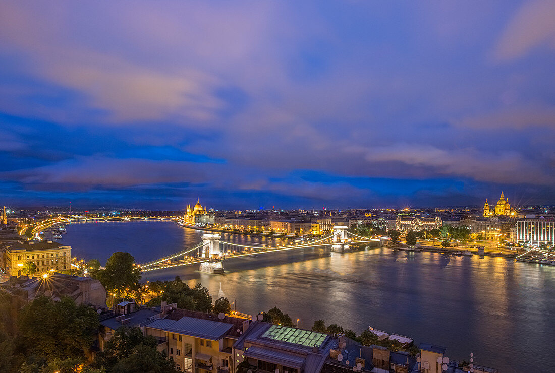View of Chain Bridge illuminated at night, Budapest, Hungary