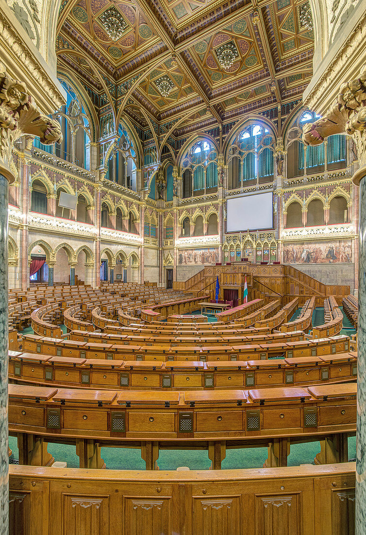 Ornate interior of Parliament Building, Budapest, Hungary