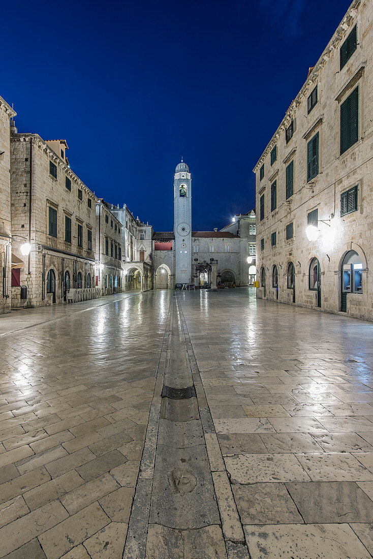Town square, buildings and tower illuminated at night, Dubrovnik, Dubrovnik-Neretva, Croatia