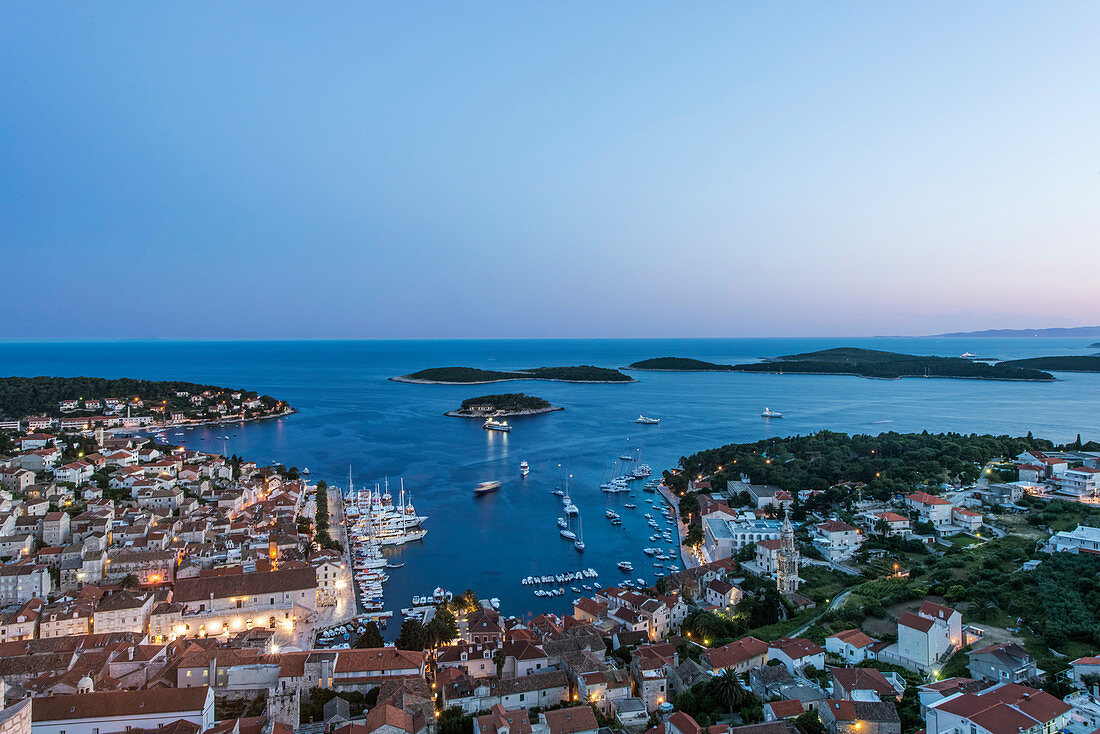 Aerial view of coastal town on hillside, Hvar, Split, Croatia