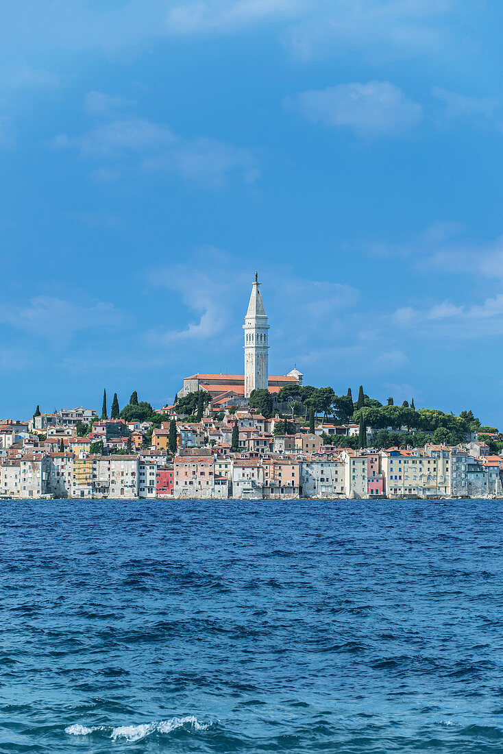 Tower and coastal village on ocean, Rovinj, Istria, Croatia