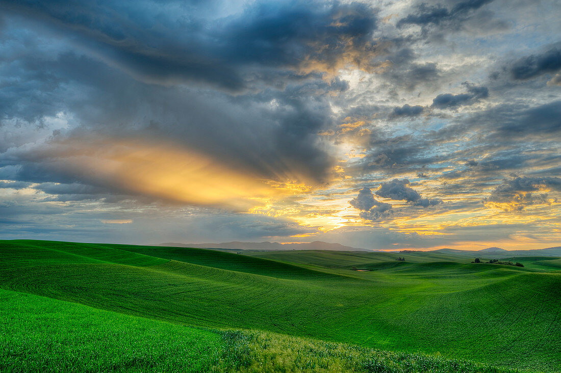 Dramatic sky over rolling hills in rural landscape, USA