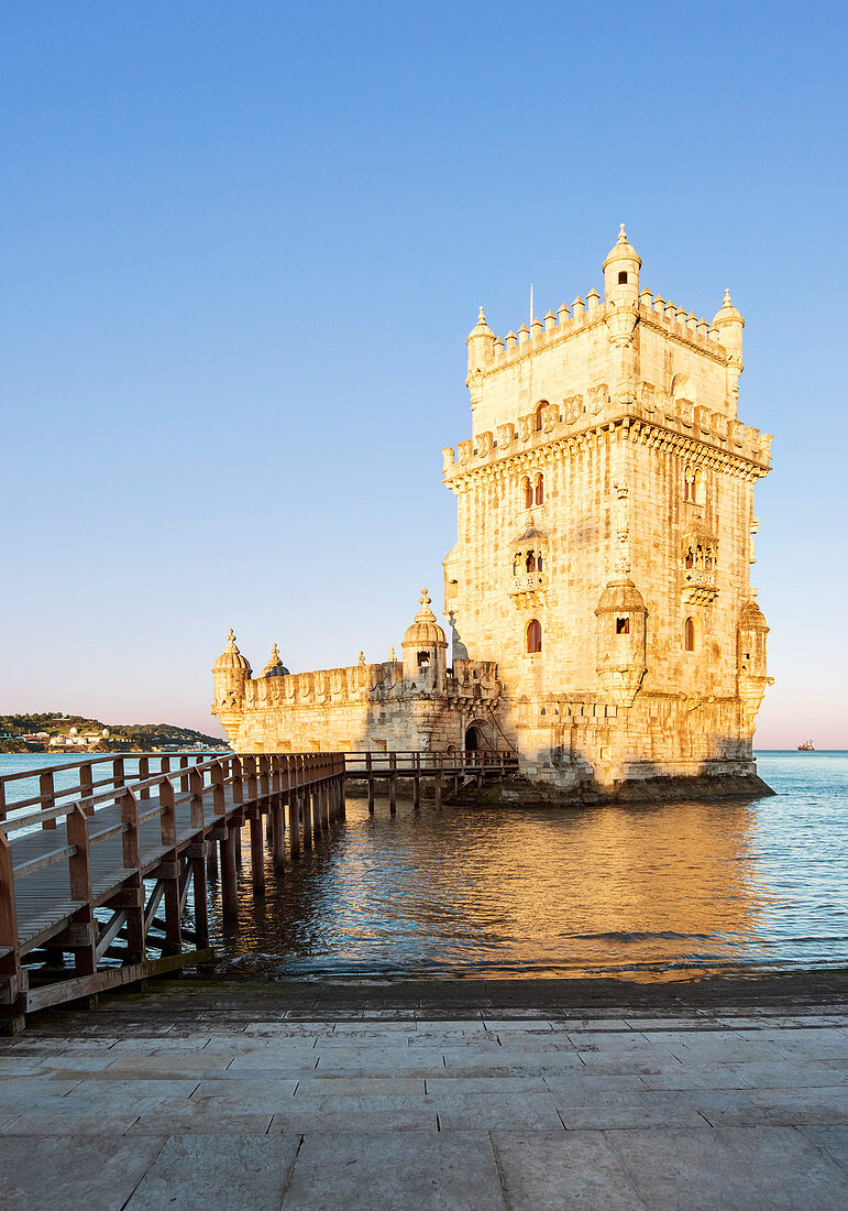 Belem Tower and pier on water, Lisbon, Portugal
