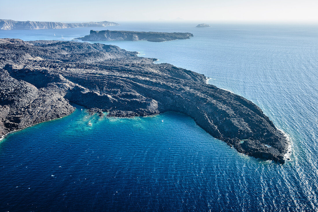 Aerial view of rocky rural coastline, Thira, Egeo, Greece