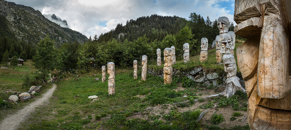Carved totem poles on Mt. Blanc trail, Argentiere, France