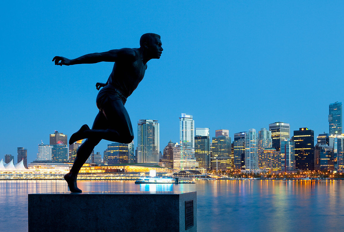 Statue of Harry Jerome (Famed Vancouver Olympic runner) in silhouette, Vancouver, British Columbia, Canada