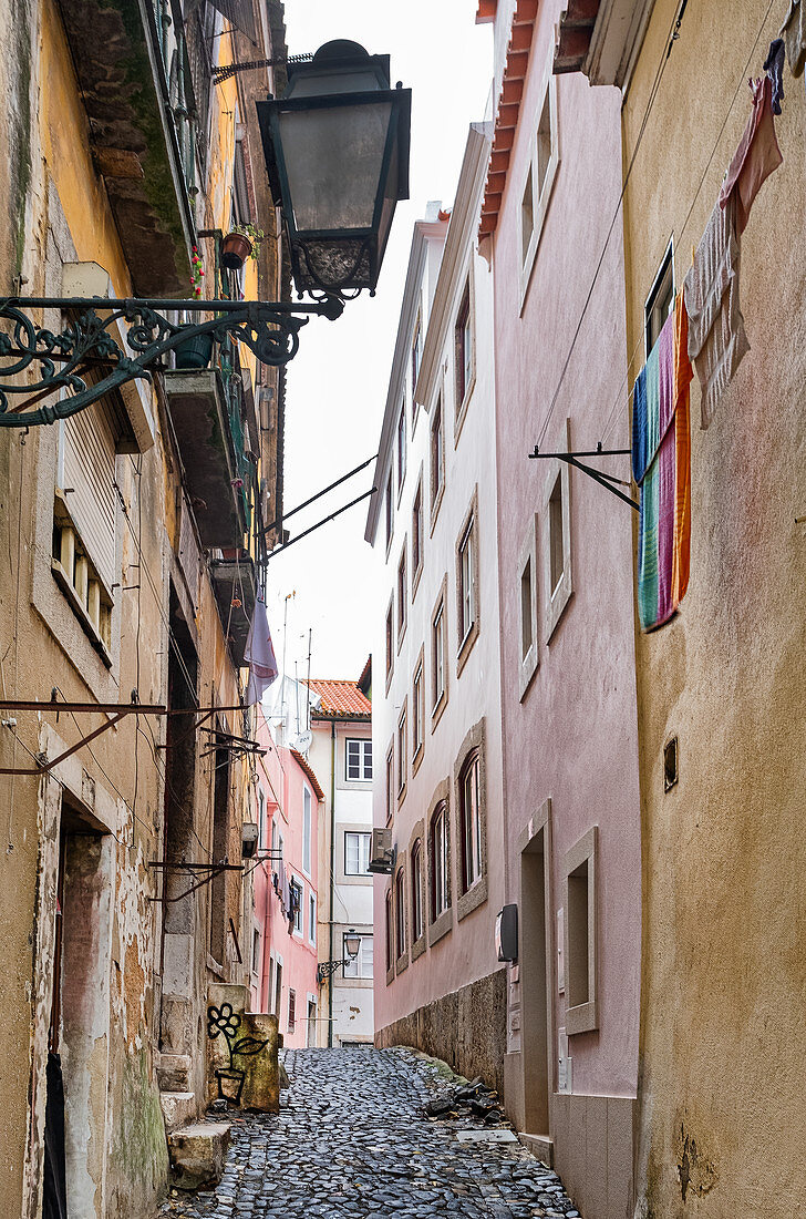 Small alley in Alfama, Lisbon, Portugal