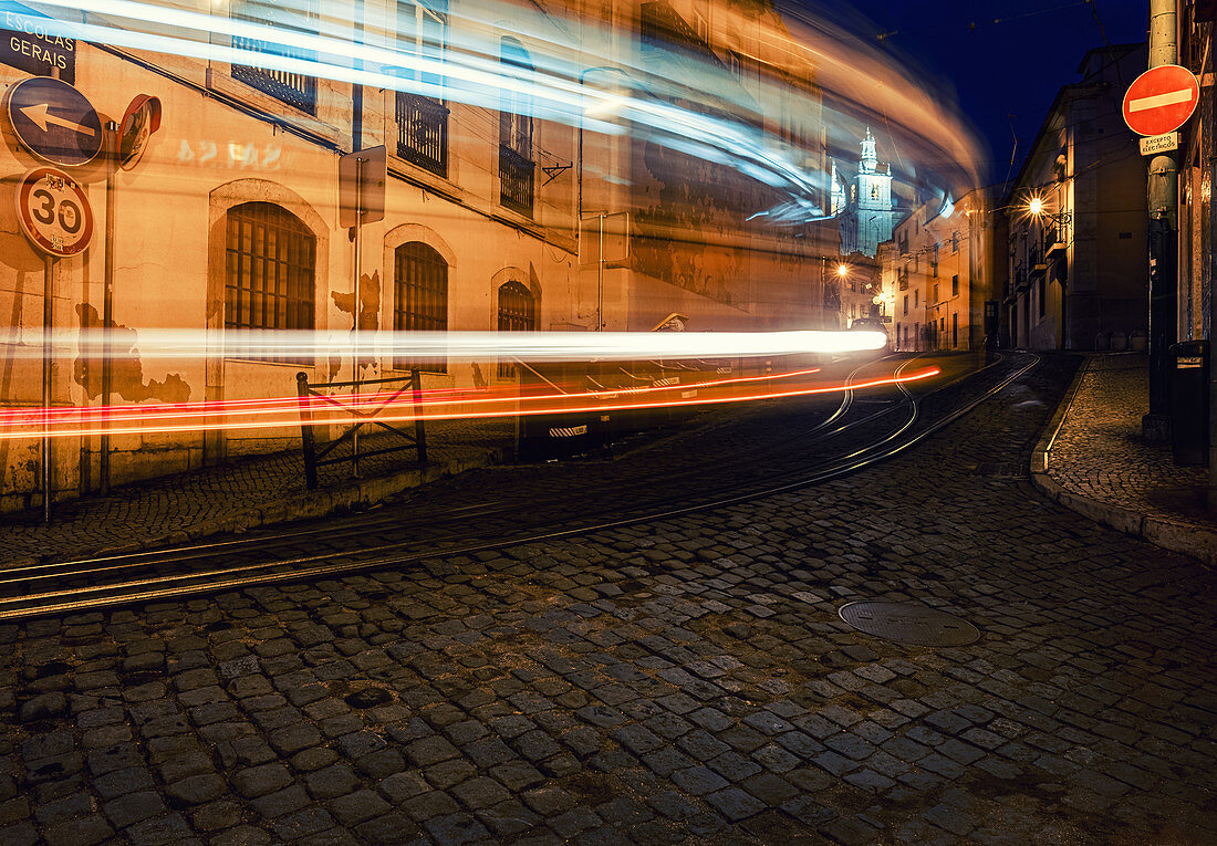 Light trail of the traditional Remodelado in Lisbon, Portugal