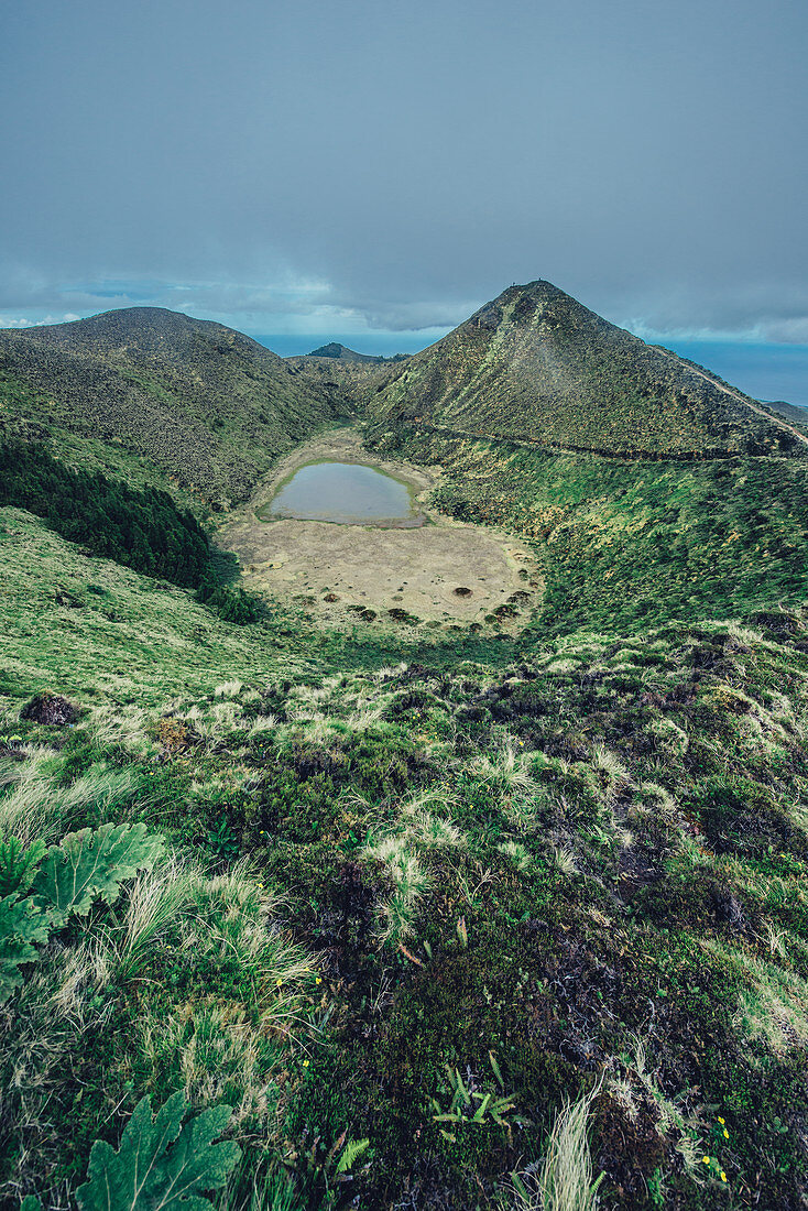 Crater lake and hills on the island of Sao Miguel, Azores, Atlantic Ocean, Atlantic Ocean, Europe