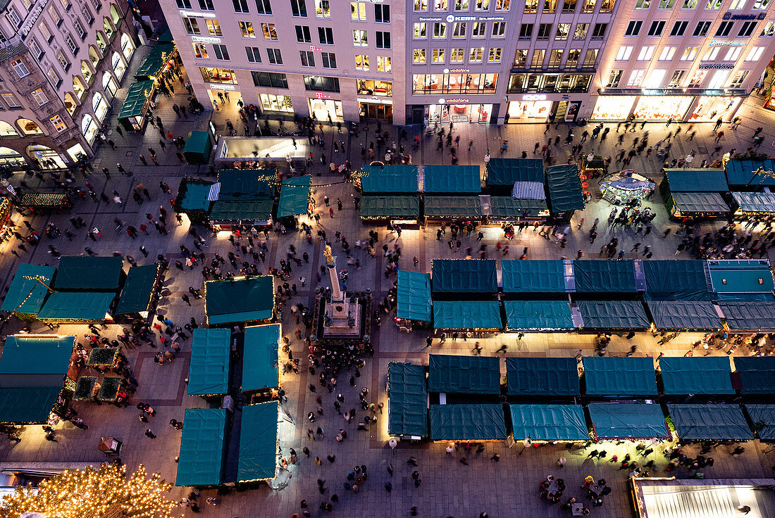 View of the Christmas market on Marienplatz from the town hall tower, Munich, Bavaria, Germany