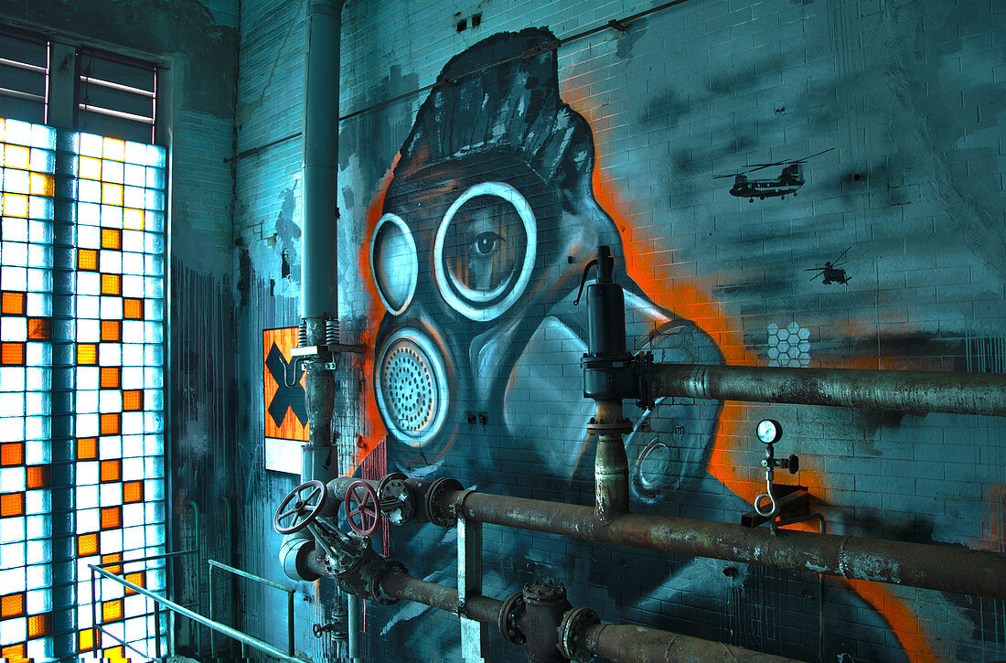 Street art picture in the old boiler house of the abandoned consumer meat shop of the GDR, Berlin-Spandau, Berlin, Germany