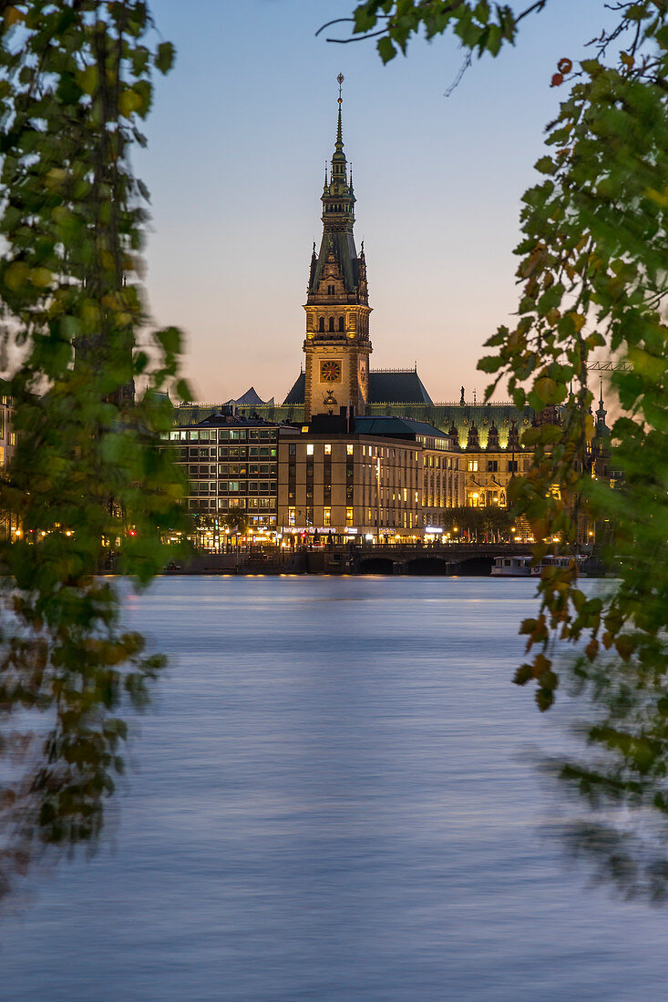 Blick von der Binnenalster auf das beleuchtete Rathaus bei Einbruch der Dunkelheit, Hamburg, Deutschland, Europa