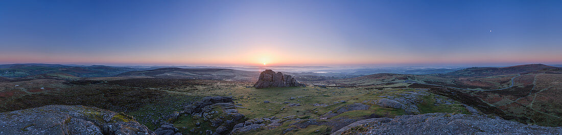 Panoramic view of Dartmoor National Park and mist in the Teign Valley seen from summit of Haytor, Bovey Tracey, Devon, England, United Kingdom, Europe