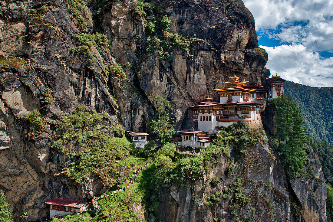 The monastery Taktshang or Taktsang or Tigernest in a rock wall, Buddhist monastery in the Parotal, Bhutan, Himalayas, Asia