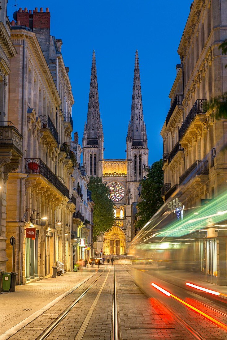 France, Gironde, Bordeaux, area classified World Heritage by UNESCO, sunset on the St. Andrew's Cathedral from the street Vital Carles