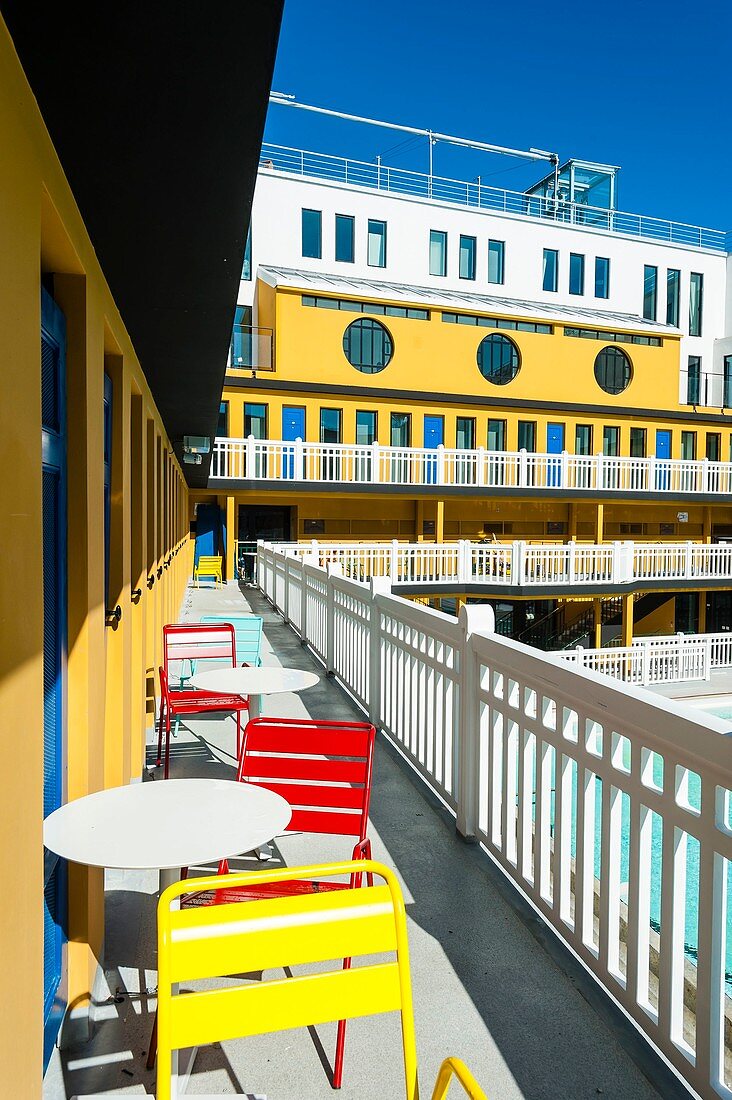 France, Paris, Hotel Molitor swimming pool, opening in May 2014, listed as historical monument, Art Deco, outdoor pool, corridors