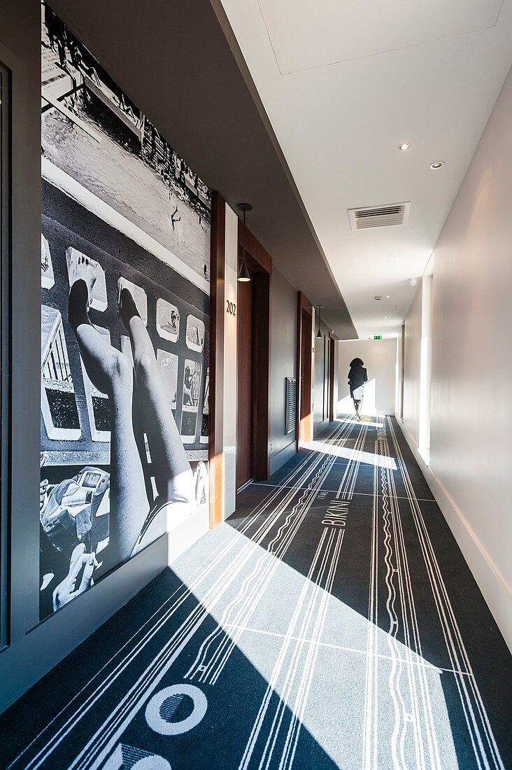 France, Paris, Hotel Molitor swimming pool, opening in May 2014, listed as historical monument, Art Deco, corridors of the hotel decorated with pictures of Gilles Rigoulet made ??in 1985