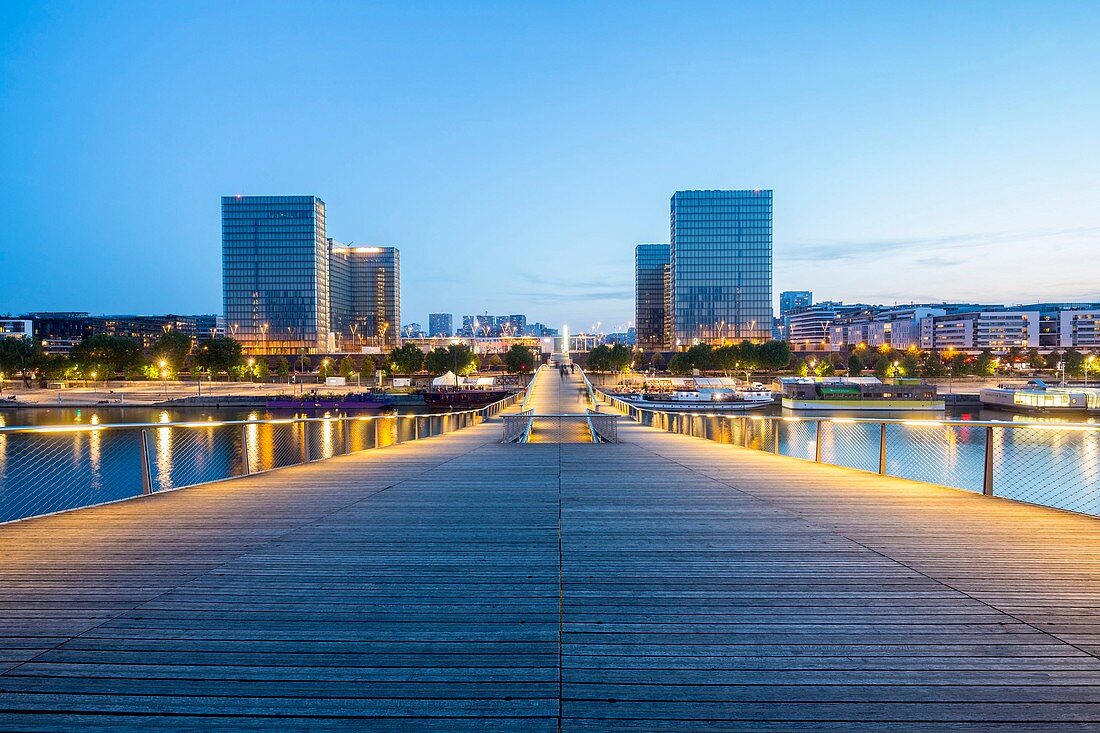 France, Paris, the banks of the Seine Bibliotheque Nationale de France (National Library of France) by architect Dominique Perrault seen from the Simone de Beauvoir footbridge by architect Dietmar Feichtinger