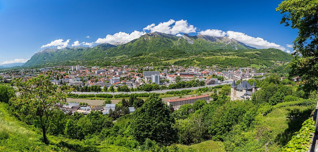 France, Savoie, Albertville, view on the Bauges Massif, the castle and the Arly since the park of the Petite Roche of the medieval town of Conflans