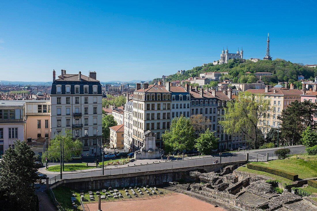 France, Rhone, Lyon, historical site listed as World Heritage by UNESCO, Croix Rousse district, Burdeau fountain at the foot of the Amphitheatre of the Three Gauls and Fourviere hill in the background
