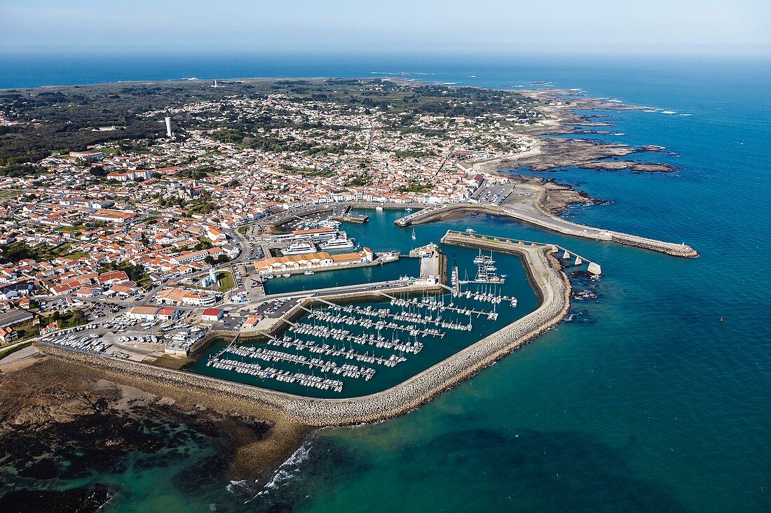France, Vendee, Yeu island, Port Joinville, port and town (aerial view)