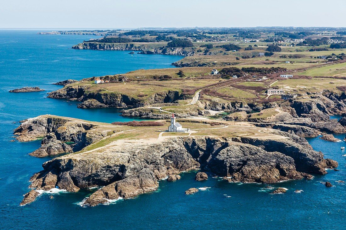 Frankreich, Morbihan, Belle Ile und Mer, Sauzon, Pointe des Poulains (Luftaufnahme)