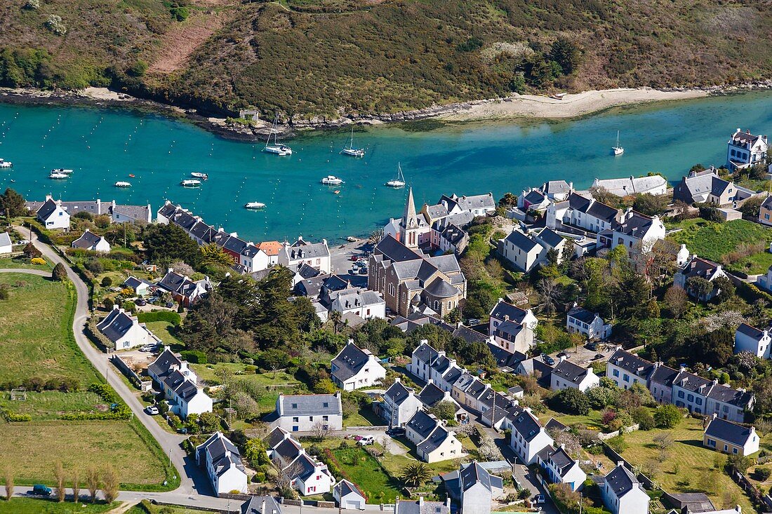 France, Morbihan, Belle Ile en Mer, Sauzon, the village (aerial view)