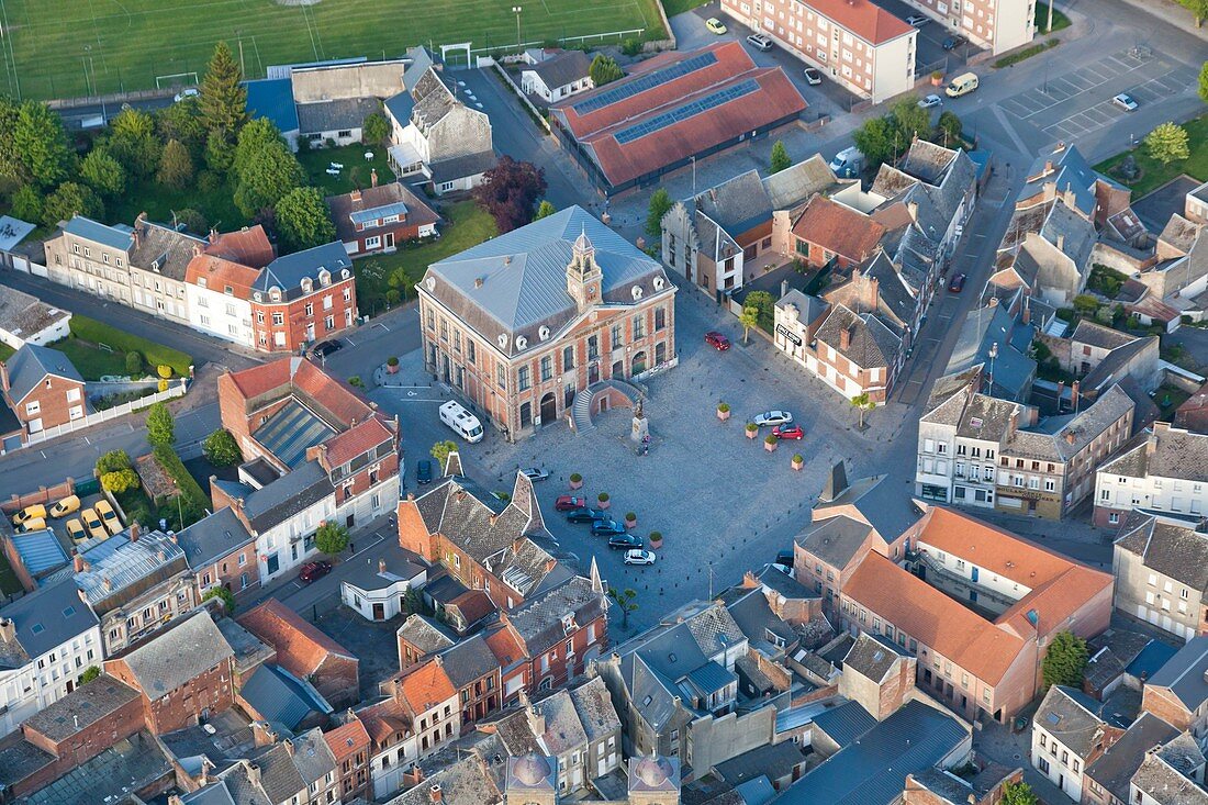 France, Nord, Landrecies, City Hall (aerial view)