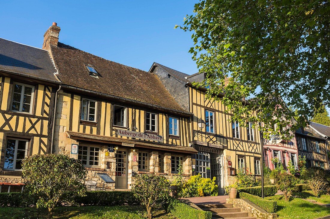 France, Eure, Le Bec Hellouin, typical timbered houses, hotel restaurant L'Auberge de l'Abbaye