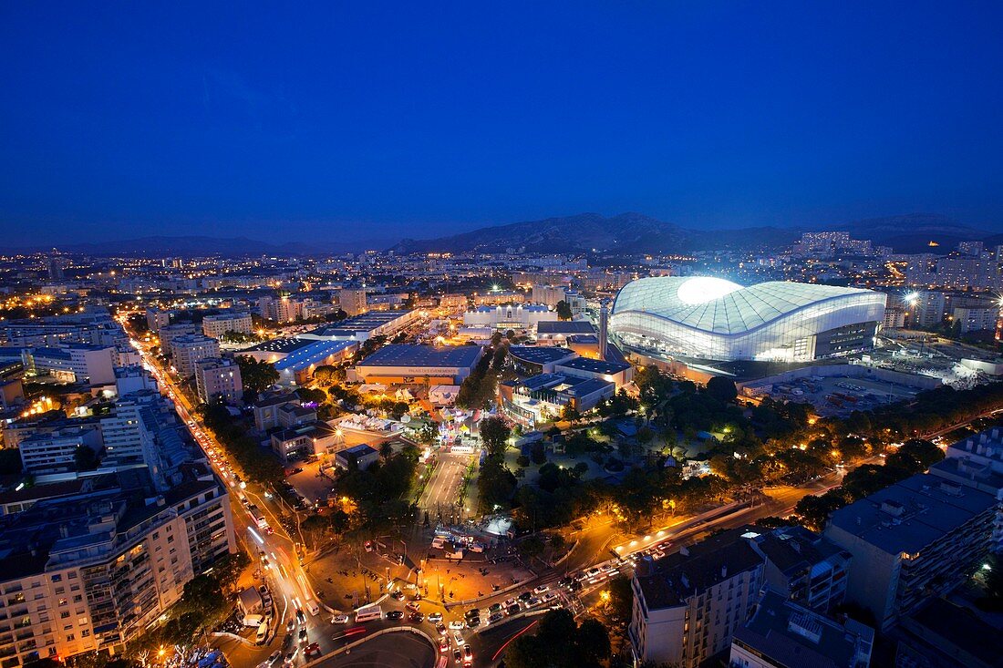 Frankreich, Bouches du Rhône, Marseille, Bezirk Rond Point du Prado, Chanot-Park und das Stade Velodrome vom Gebäude Le Grand Pavois